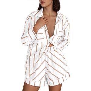 Tankaneo Womens Striped 2 Piece Outfits Button Down Shirts and Shorts Lounge Matching Sets (White, S)