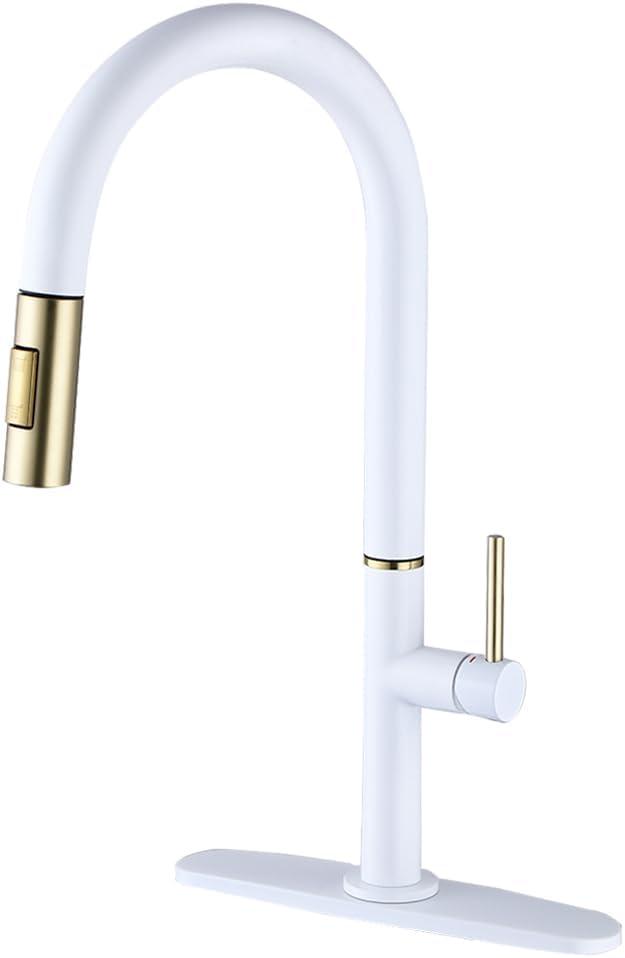 Single Handle White Kitchen Faucet with Nickel Gold Sprayer Kitchen Sink Faucets with Pull Down Sprayer Modern Faucets with Dual Function Spray