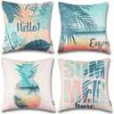 ONWAY Hello Summer Pillow Covers 18x18 Beach Theme Decorative Throw Cushion Cases for Home Patio Party Decor 18x18, Set of 4