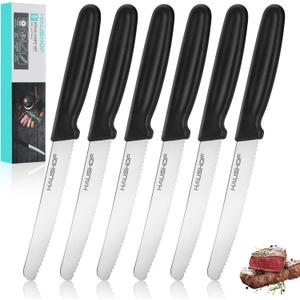 HAUSHOF Steak Knives Set of 6, Serrated Steak Knives, Premium Stainless Steel Steak Knife Set with Gift Box, Black Handle