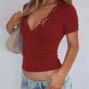 Women's Short Sleeve Sexy Lace V-Neck Summer Going Out 2025 Crop Tops Slim Fit Tees Trendy Y2k Clothing (XS)