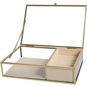 Ylu Yni Glass Jewelry Organizer Box Clear Keepsake Case with Gold Frame with Velvet Tray and Trinket Chest inside, Display Box for Earring Ring, Necklace Mothers Day Gifts (Cream Yellow)