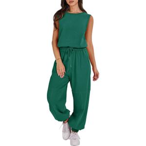 ANRABESS Jumpsuits for Women Casual Summer Sleeveless 2025 Romper One Piece Outfit Active Workout Lounge Jumpsuits Pockets (Large, Green)