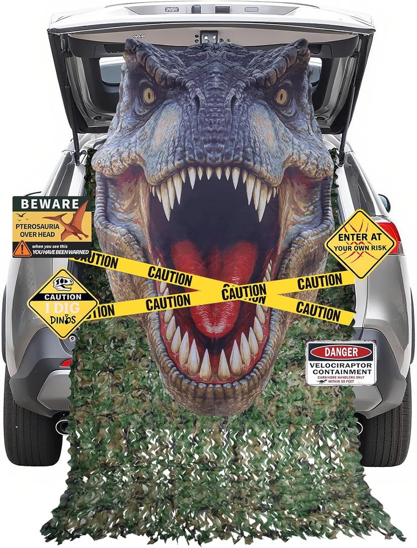 Halloween Dinosaur Trunk or Treat Car Decorations Kit for SUV, Car-Safe Setup & Reusable Realistic Dino Tarp & Stickers for Jurassic Park Theme Party Haunted House Archway Garage Decor