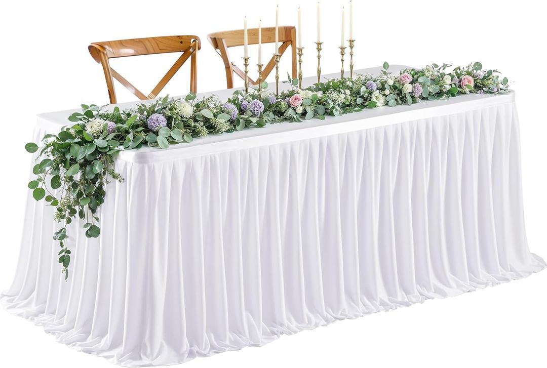 6ft Long White Table Skirt for Rectangle Tables Decorations - Wrinkle Resistant Polyester Pleated Table Skirting Desk Skirt for Office Baby Shower Birthday Party Wedding Banquet (72" x 30" (Rectangular))