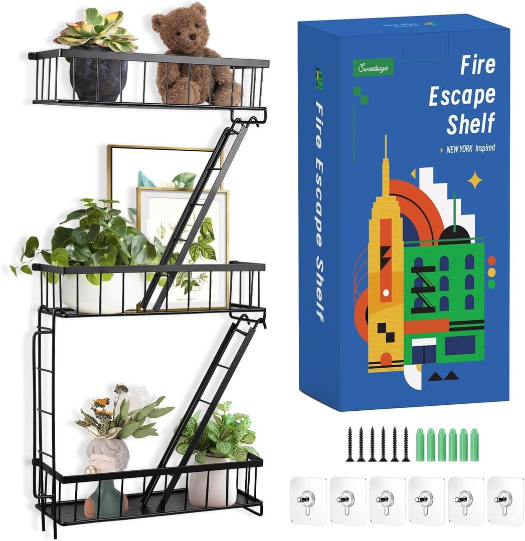 Fire Escape Wall Shelf - New York Decorative Ladder Shelf, Wall Art Floating Shelf Black Metal Shelves for Bedroom, Home Office Storage and Display (3-Tier) Fire Escape Wall Shelf - New York Decorative Ladder Shelf, Wall Art Floating Shelf Black Metal Shelves for Bedroom, Home Office Storage and Display (3-Tier)
