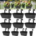 3 Different Size Metal Iron Hanging Flower Pots 13 Pcs for Outdoor Plants Metal Hanging Bucket Pots Iron Railing Fence Planter with Drainage Holes and Hooks for Porch Railing Balcony Fence (Black), Large, Medium, Small