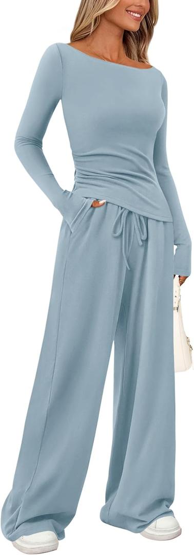 PRETTYGARDEN Women's 2 Piece Lounge Sets Asymmetrical Long Sleeve T Shirt Wide Leg Pants Casual Outfits Tracksuit (Large)