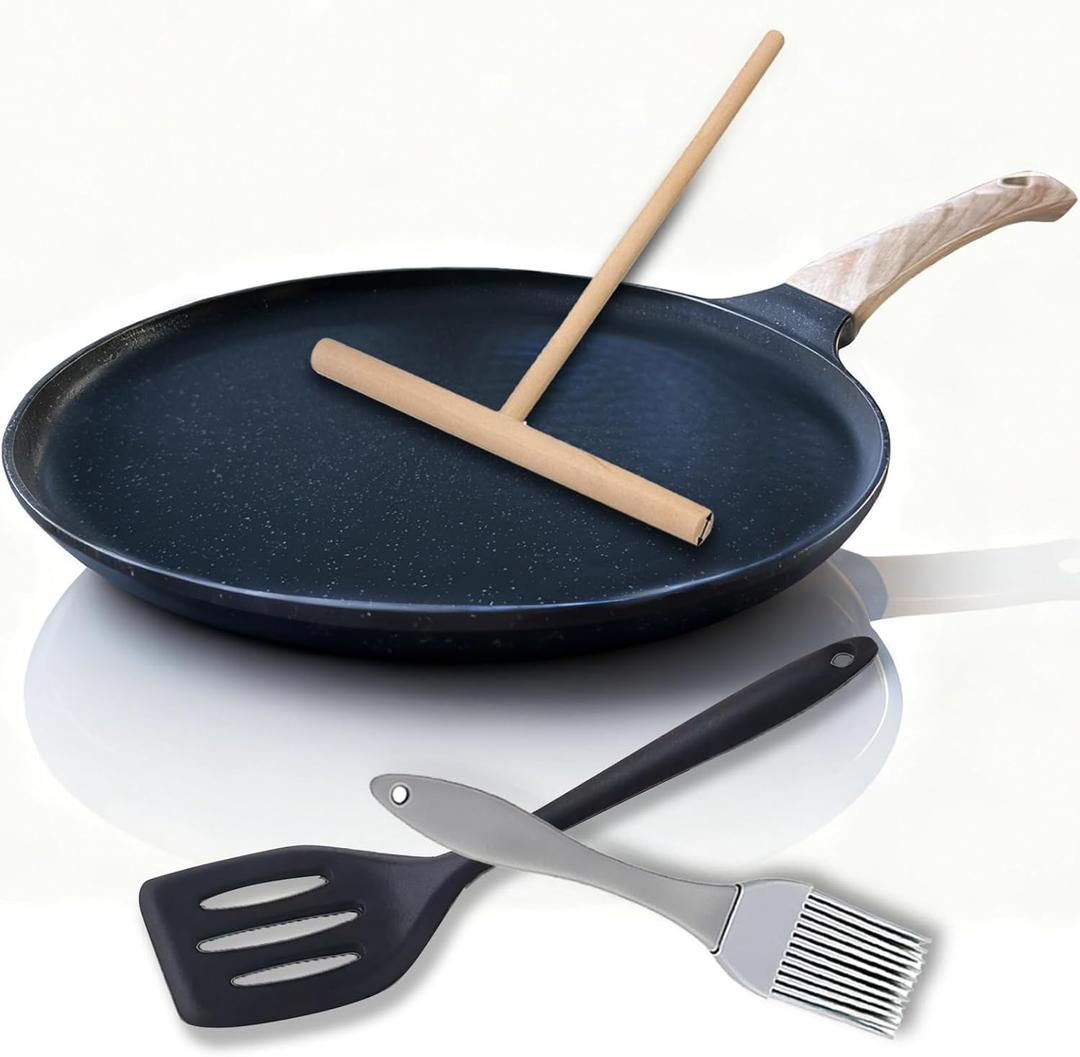 11.2 Crepe Pan NonstickGranite Coating Dosa Pan Pancake Flat Skillet Tawa Griddle,Scone Pan,With Stay-Cool Handle, Induction Compatible, PFOA Free (KW331-10)