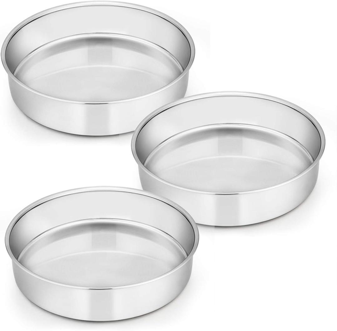 E-Far 8 Inch Cake Pan Set of 3, Stainless Steel Round Layer Cake Baking Pans, Non-Toxic & Healthy, Mirror Finish & Dishwasher Safe