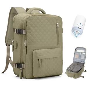 VECAVE Vacuum Travel Backpack with Pump for Women,Personal Item Carry on Backpacks Flight Approved 18x14x8 inches for Men,Laptop Waterproof Work Compression bags Casual Daypack Khaki.