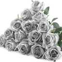 Hotop 20 Pcs Artificial Rose Flowers with Long Stem,Real Touch Silk Realistic Plastic Bouquet Roses Bulk for Home Decor Bridal Wedding Party Table Centerpieces Decorations (Silver)
