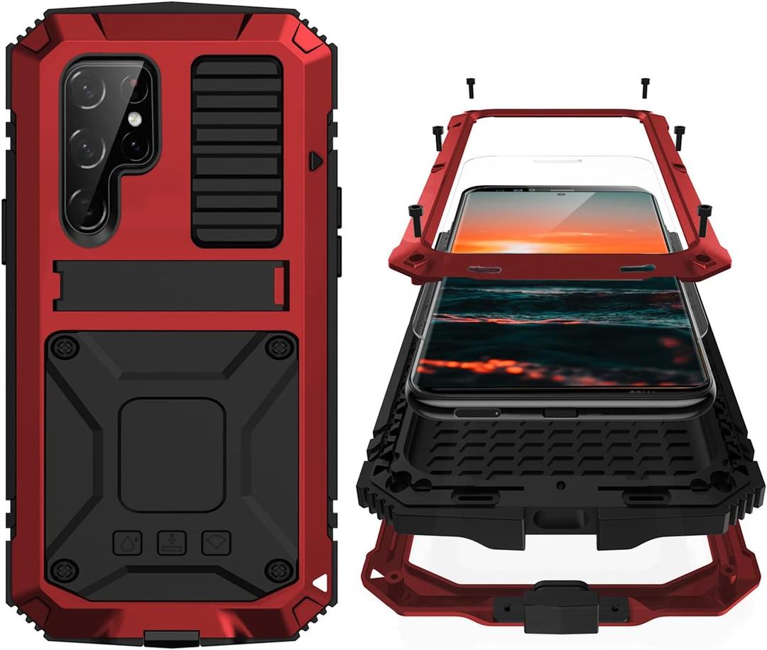 Compatible with Samsung S22 Ultra Metal Case with Screen Protector Camera Protector Military Rugged Heavy Duty Shockproof Case with Stand Full Cover Tough case for Samsung S22 Ultra (Red)