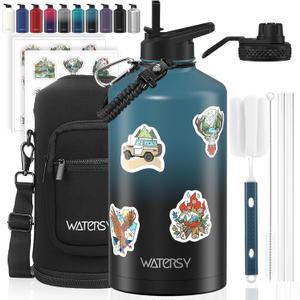 1 Gallon Water Bottle Insulated(Cold for 48 Hrs),BPA Free&Leak Proof,128oz Stainless Steel Water Jug,Large Water Bottle with Straw Spout Lids for Gym,Hiking,Camping&Travel,Black Blue