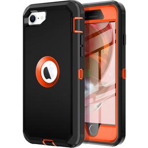 I-HONVA for iPhone SE 2022/2020 Case Built-in Screen Protector Shockproof Dust/Drop Proof 3 in 1 Full Body Rugged Heavy Duty Cover for Apple iPhone SE 3rd/2nd Gen 4.7, Black/Orange