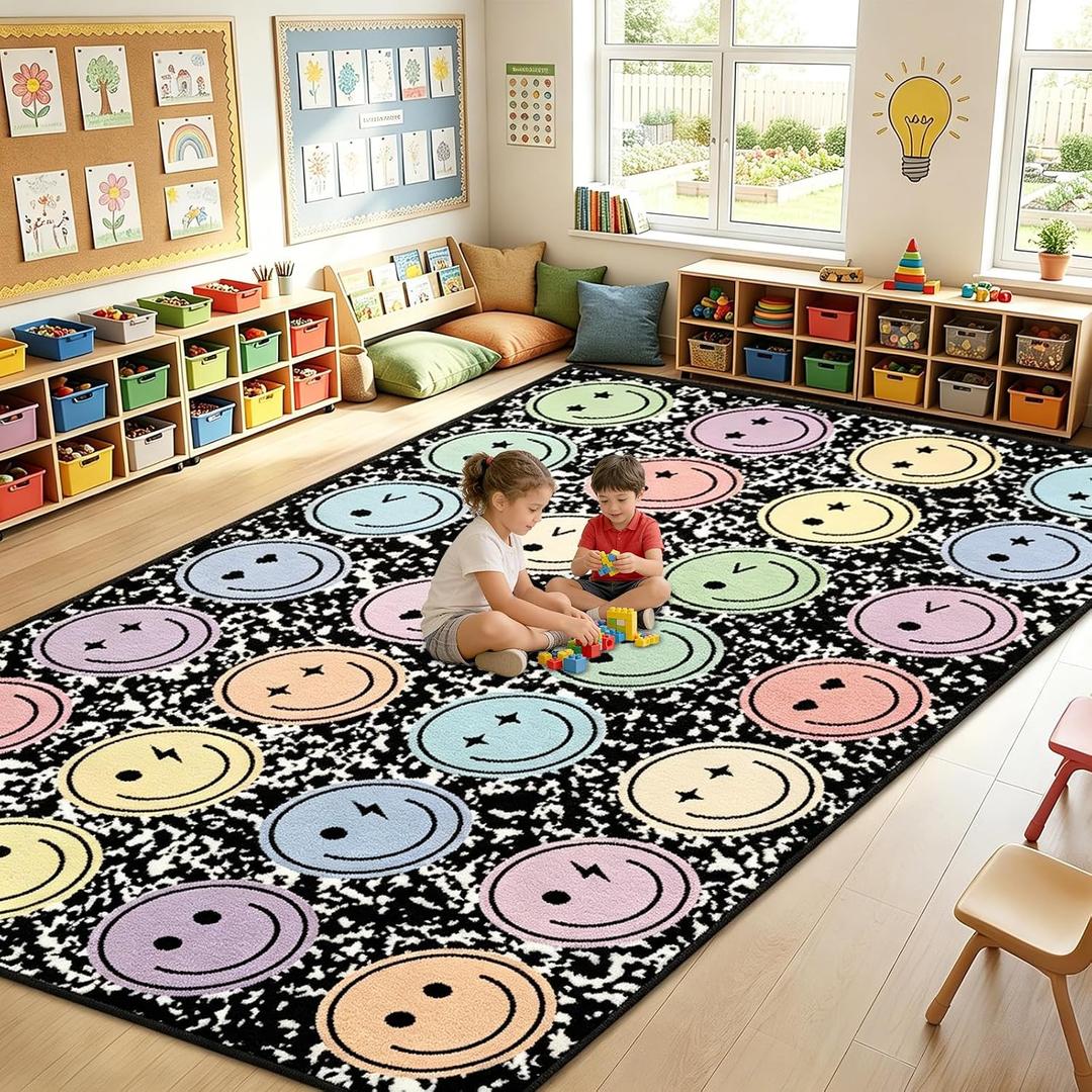 7.6x12 ft Large Smile Face Classroom Rug Happy Face Educational Area Mat Composition Notebook Play Carpet Back to School Learning Mat for Preschool Playroom Nursery Kindergarten(Black and White)