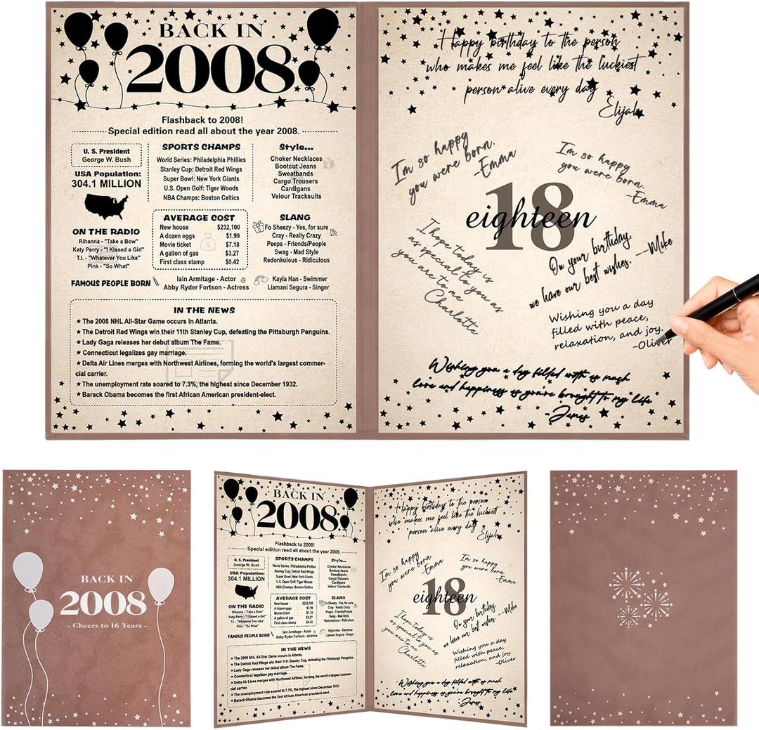 Crenics 18th Birthday Decorations for Boys or Girls 2008, Vintage Back in 2008 Birthday Poster, 18th Birthday Guest Signature Book, Great 18 Birthday Gifts