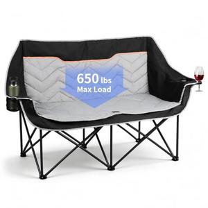 VAGANTH Double Camping Chair Oversized Padded Camping Sofa for 2 Person, Foldable Loveseat with Dual Cup Holders & Wine Glass Holders, Double Folding Chair Camping Couch for Beach, RV, Patio, Black
