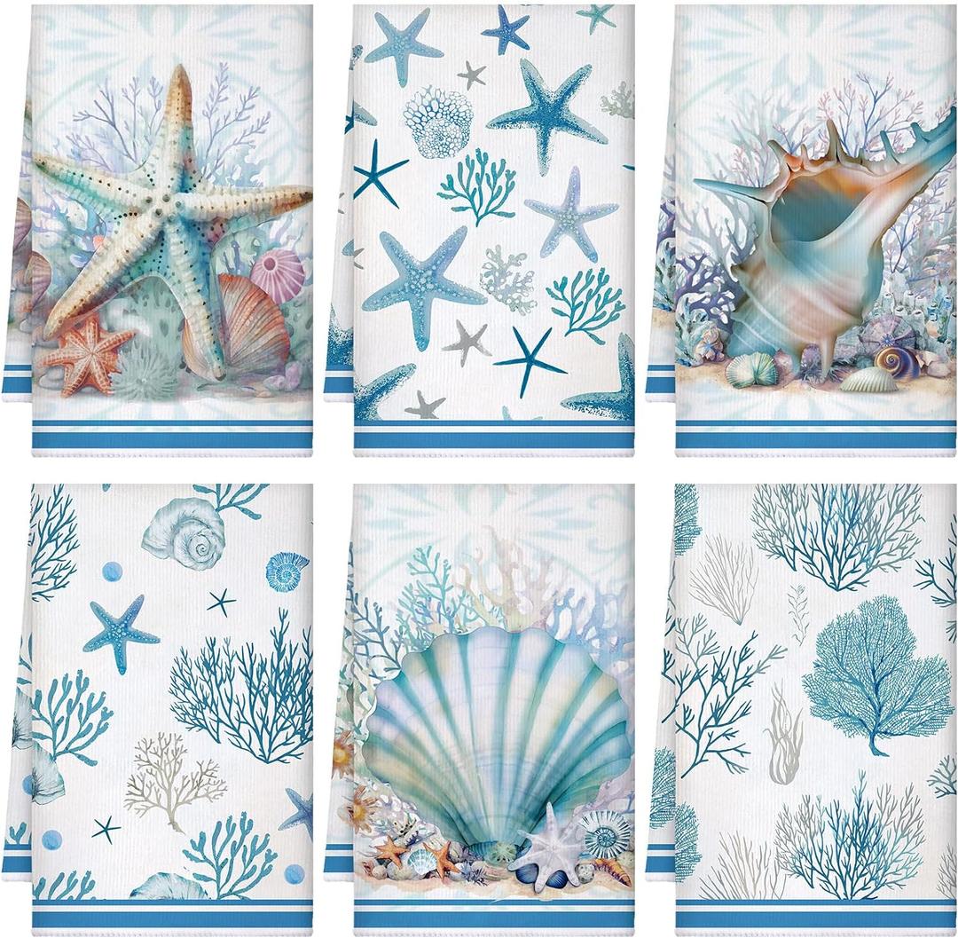 Boyiee Set of 6 Beach Kitchen Towels Coastal Ocean Dish Towels Sea Nautical Tea Towels Absorbent 24 x 16 Inches Shell Coral Starfish Hand Towels Summer Gifts for Farmhouse Kitchen Bathroom Decorations