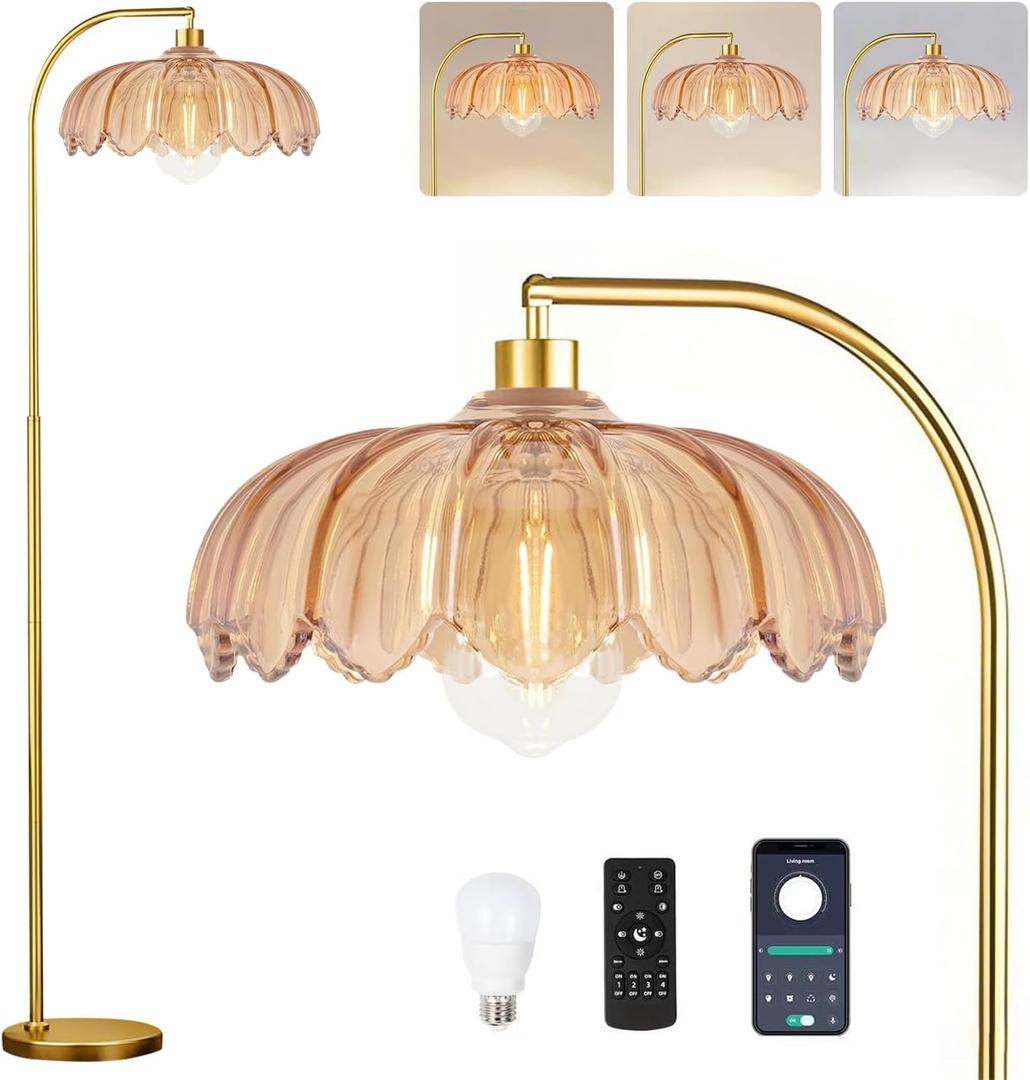Gold Floor Lamp Dimmable Standing Lamp with Remote,Brass Tall Lamp Mid Century Modern Retro Glass Vintage Green Lamp Floor Light Boho Bohemian for Living Room,Bedroom