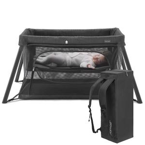 Gromast 2 in 1 Portable Travel Crib for Toddler, Foldable Crib for Baby, Lightweight Playpen Collapsible Playard with Soft Mattress, Easy to Carry Baby Travel Bed for Outdoor, Indoor (Black)