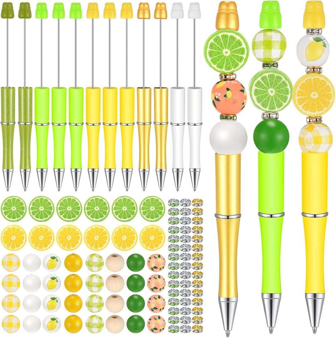 Geyee 12 Set Plastic Beadable Pens Assorted Bead Pens Crystal Wood Round Spacer Set Black Ink DIY Ballpoint for Women Men Gift Office Supplies(Lemon)