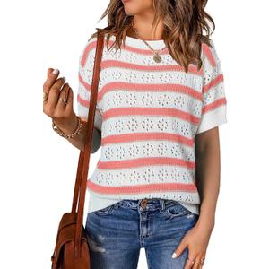 EVALESS Womens Short Sleeve Sweater Casual Crewneck Knit Shirt Tops Spring Trendy Striped Color Block Crochet Sweaters, Size: Large