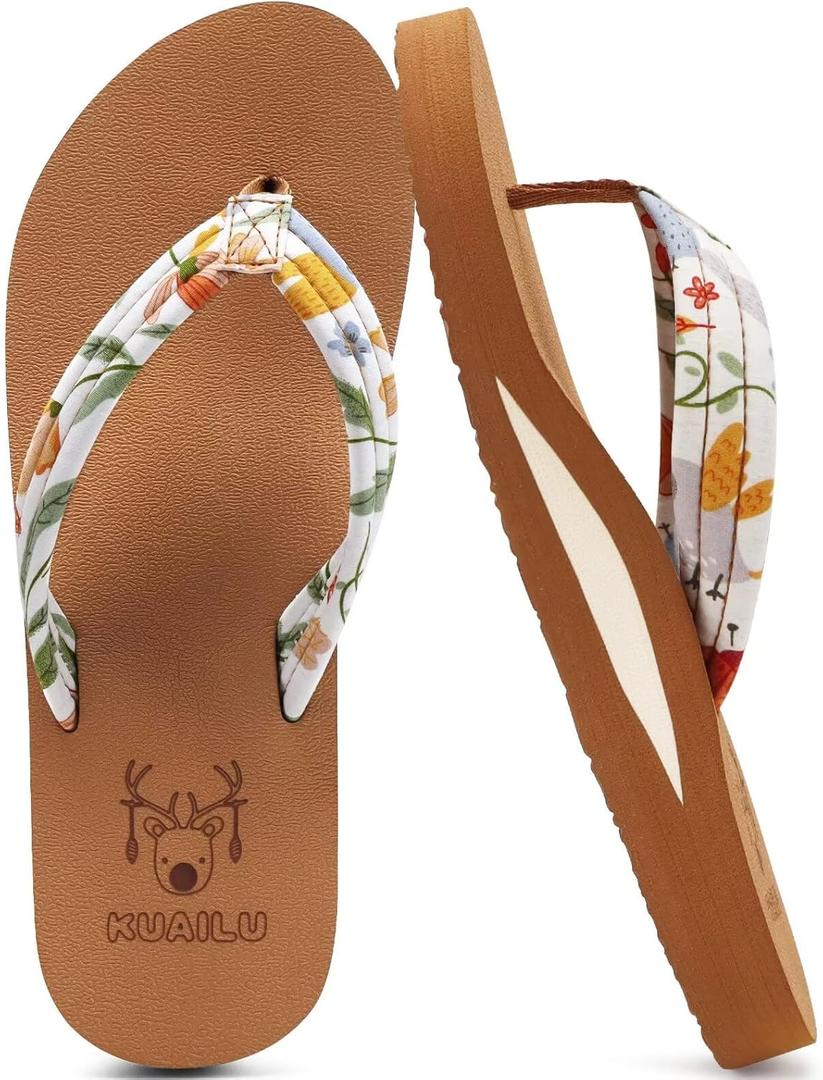 KuaiLu Womens Arch Support Flip Flops Ladies Comfort Lightweight Soft Yoga Mat Cushion Walking Thong Sandals (7.5, Beige Khaki)