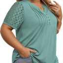 VISLILY Plus-Size-Womens-Summer-Tops Cute Henley V Neck T Shirts Dressy Lace Short Sleeve Blouse Trendy Casual Pleated Tunics (Blue, XL)