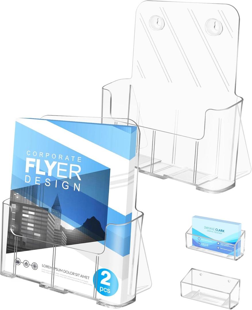Acrylic Brochure Holder 8.5 x 11, 2 Pack Clear Brochure and Business Rack Card Holder Stand, Wall Mount Flyer Holder for Store Office Magazine Pamphlet Literature Document Menu Journals