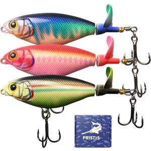 Pristis 3 pcs Topwater Fishing Plopper Lures, Floating Popper Bait Set with Chemically Sharpened Hooks for Saltwater Freshwater, Top Water Plopping Swimbait Teaser for Bass Tuna Perch Pike Crappie (Single-blade Color Set)