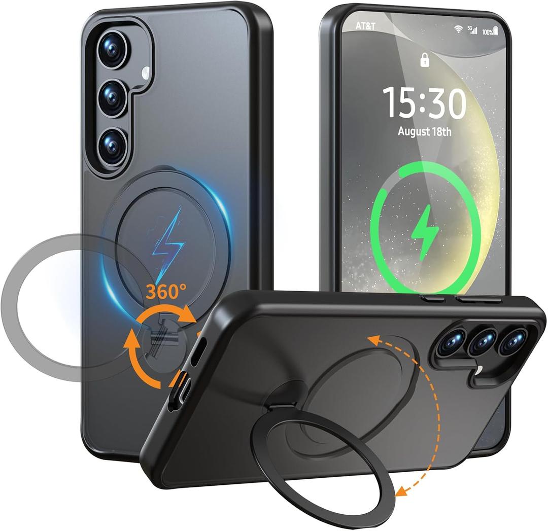 for Samsung Galaxy S25+ (Plus) Case Stand,Compatible with Magsafe Wireless Charging,with 360°Rotatable Magnetic Ring Holder Kickstand,Slim Protective Phone Cover,Matte Translucent,Black