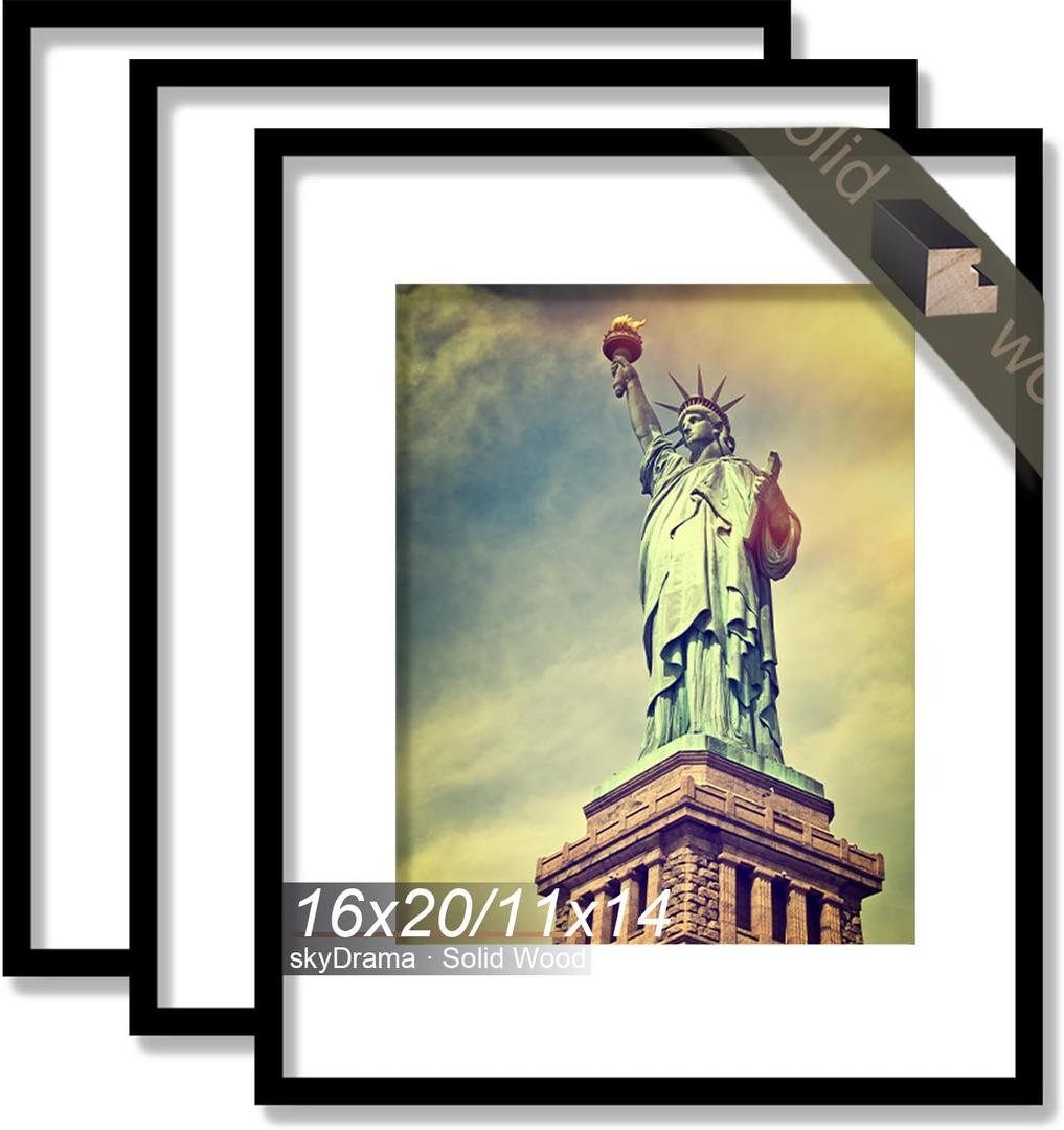 Solid Wood 16x20 Picture Frame with Black Wood Grain 3 Packs | 16 x 20 Frame Display Photo 16by20 inch without Mat or 11x14 with Mat Tabletop and Wall Mount Horizontally/Vertically