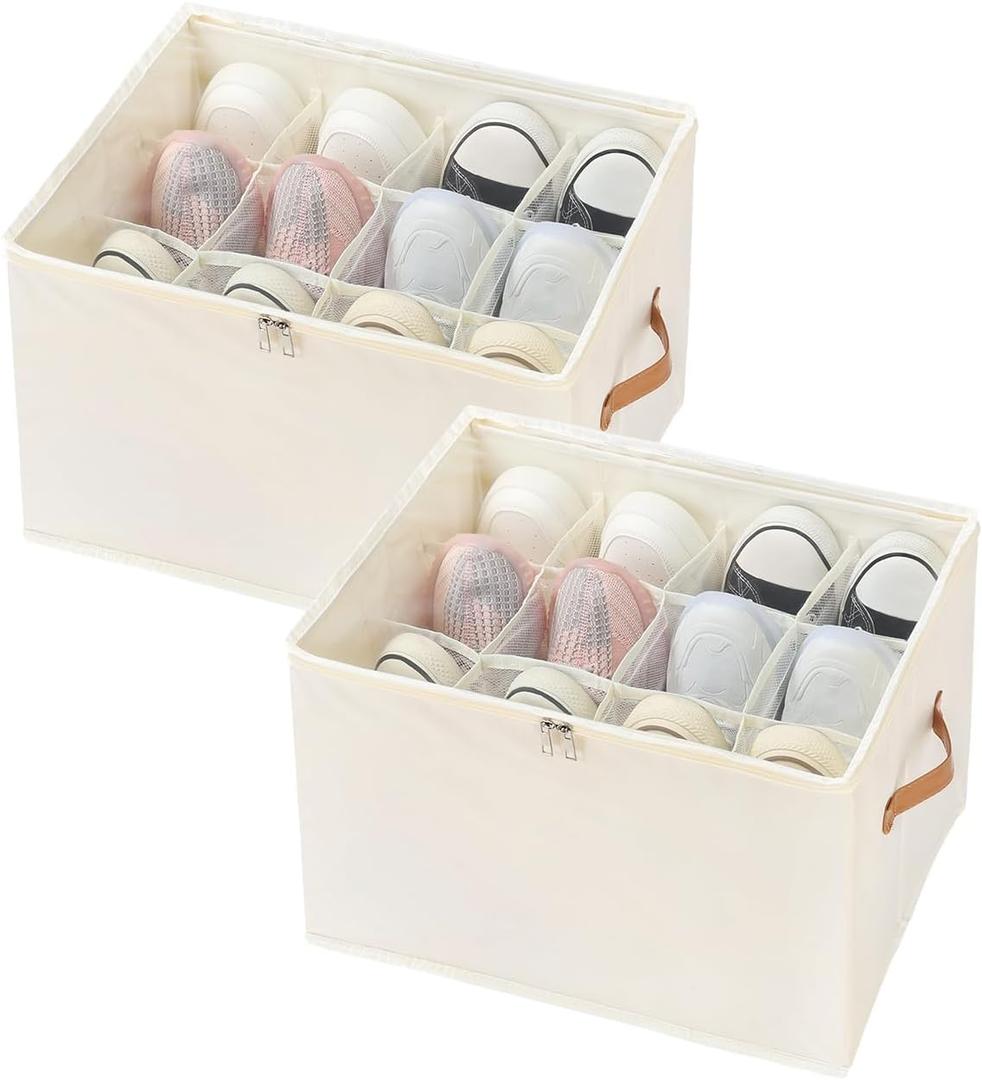 2 Pack Foldable Shoe Organizer for Closet,Fits 12-24 Pairs,Dividers & Clear Cover,Space-Saving Shoe Storage Bins,12 Cell Closet Organizer for Shoe,Clothing,Yoga Pants,T-shirts, and More (Beige)