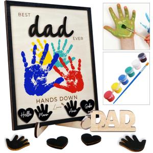 10" Best Dad Ever Hands Down DIY Handprint Kit with Acrylic Paint, Art Craft Family Keepsake Wood Frame Dad Keychain Birthday Father's Day Gift for Daddy, Papa Family Sign with Kids Names HF90-D