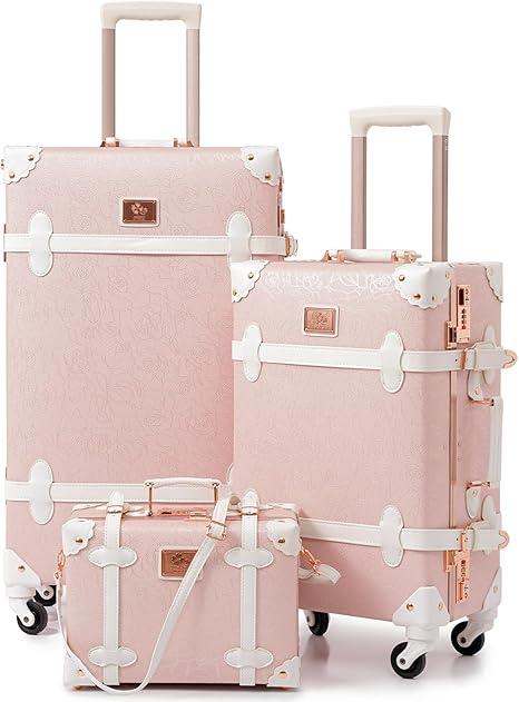 urecity Vintage Luggage Sets of 3 Piece - Hardside Lightweight Spinner Suitcases - Retro Travel Set includes Under Seat Train Case, 26"+20"+12" (Elegant Pink)