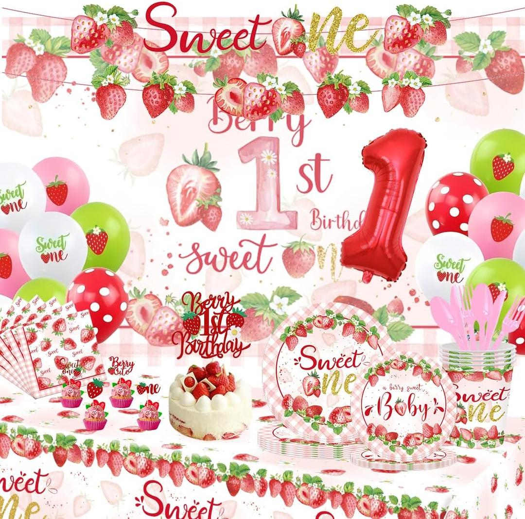 173 PCS Berry First Birthday Decor, Sweet Party Decoration Include Tableware Set, Background, Tablecloth, Banner, Balloon Strawberry Pastry Birthday Decoration Set,Suitable for 20 People