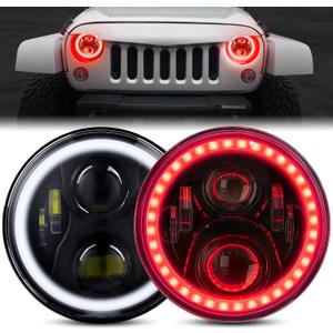 7 Inch LED Halo Headlights with Red Halo Ring Angel Eyes, Hi/Lo Beam, Amber Turn Signal, DOT Approved, Wrangler Headlights for JK LJ CJ TJ, 2PCS