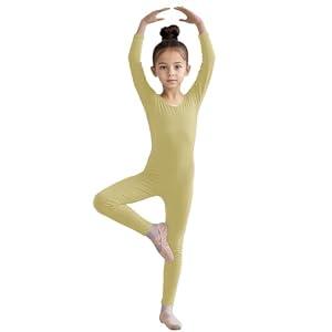 Wildarms Girls Kids Long Sleeve Dance Unitard Bodysuits Full Body Leotard for Ballet, Gymnastics, Performance, Costumes (Beige, 1-3)