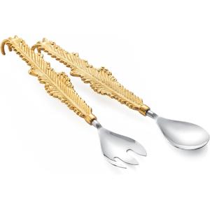 GUTE Gold Leaf Salad Servers Brass & Stainless Steel, Fork & Spoon Set Leaf Design, Two Tone Ideal for Weddings, Dinner, Elegant Flatware, Housewarming, Stainless Steel Mirror Polished