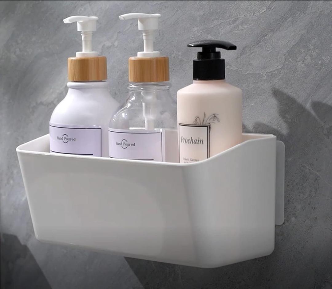 Bath Shelve, Adhesive Shelf Shower Caddy Bathroom Organizer, No Drill Wall Mounted Shower Caddy Basket plasticWhite Storage Rack for Bathroom/Kitchen