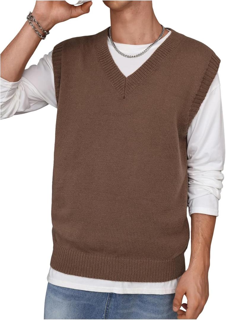 SHENHE Men's V Neck Sleeveless Plain Soft Sweater Vest Pullover Preppy Top (M)