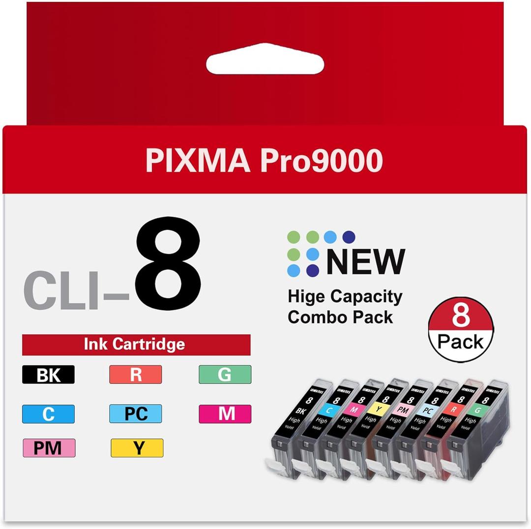 CLI-8 8 Color Multi Pack Ink Tank (8-Pack,1BK 1C 1M 1Y 1PC 1PM 1R 1G) Vowdic Compatible Replacement for Canon CLI-8 Ink Cartridges with Pixma Pro9000 and Pro9000 Mark II Printer