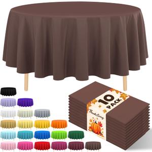 10 Pack Premium Disposable Plastic Tablecloth 84" Round Table Cover for Birthdays Weddings Christmas Anniversary Buffet Table (Brown)