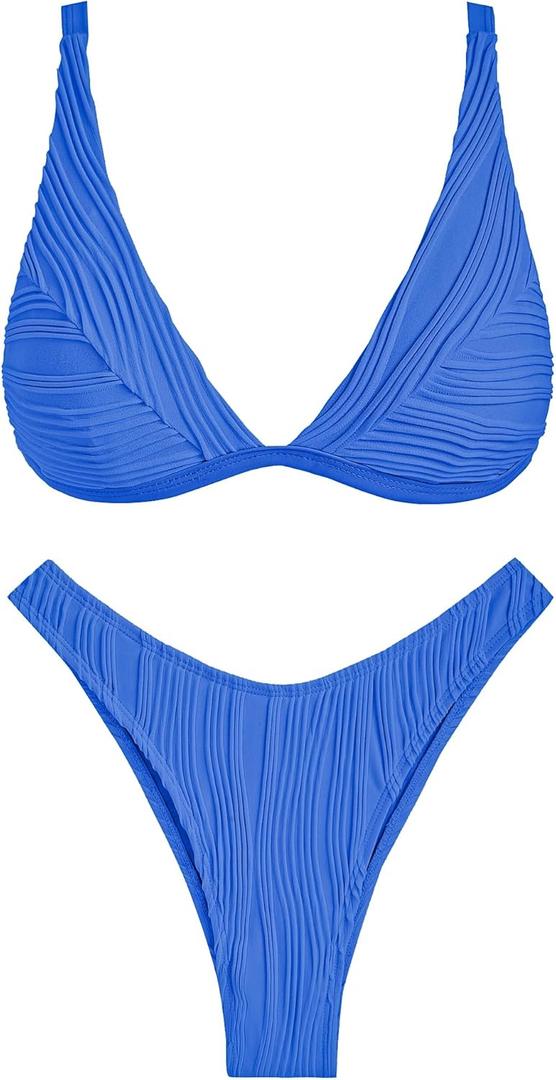 ZAFUL Women's Sexy Two Piece Swimwear Textured Triangle Plunging Neck High Cut Cheeky Bikini Set Solid Color Swimsuit (Medium, Blue)