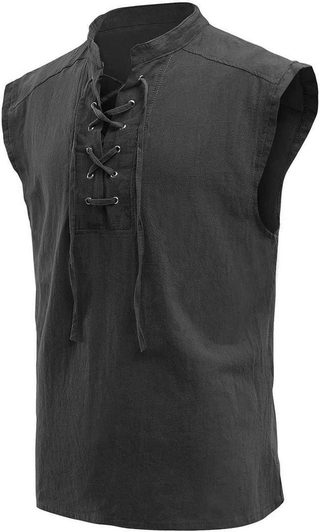 mogenda Mens Medieval Renaissance Pirate Costume Sleeveless Lace-up Stand Collar Shirt Gothic Viking Steampunk Top Tunic (Medium, Black)