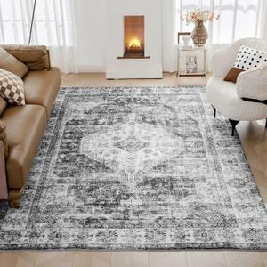 4x6 Area Rug, Washable Rug for Living Room Entryway Bedroom Kitchen, Vintage Medallion Carpet with Non-Slip Backing, Ultra-Thin Low Pile Boho Farmhouse Carpet for Home Decor, Black