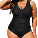 Aqua Eve Women Plus Size One Piece Swimsuits V Neck Tummy Control Bathing Suits Retro Ruched Swimwear Black 22W