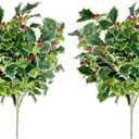 Admired by Nature Artificial Holly Leaves with Berries Bush Bouquet - for Holiday Winter Christmas Home Decor, Faux Floral Arrangement for Crafts, Events, Funerals, Cemeteries - Set of 2, Green