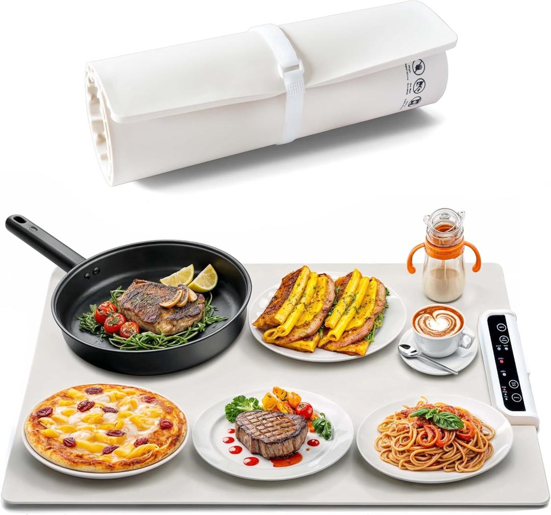 Warming Mat for Food  Large 24"x14" Electric Warming Tray for Kitchen & Office with 3 Adjustable Temperatures & Timers  Warming Pad for Countertop, Buffet, Parties (White)